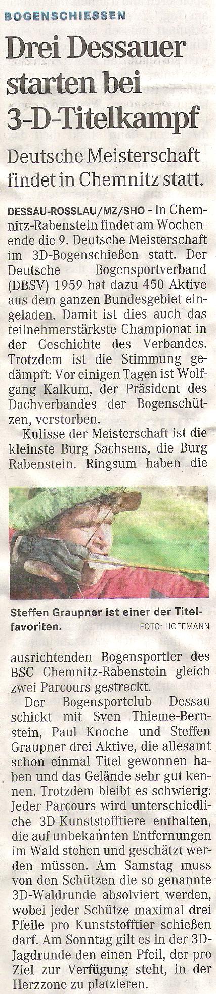 Ankündigung DM 3D in Chemnitz – Mitteldeutsche Zeitung vom 19.08.2011
