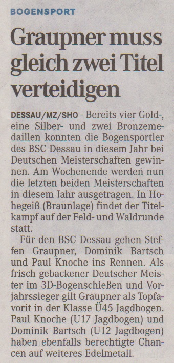 Ankündigung Deutsche Meisterschaft Feld- u. Waldrunde – Mitteldeutsche Zeitung vom 21.09.2013