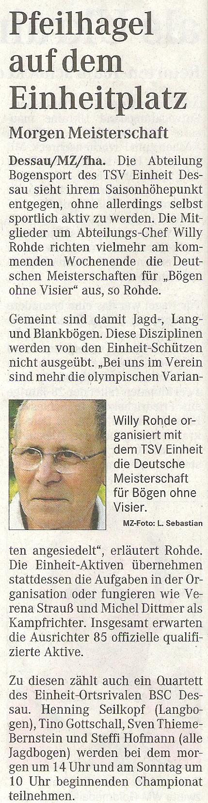 Ankündigung DM FITA Bögen ohne Visier in Dessau – Mitteldeutsche Zeitung vom 01.09.2006