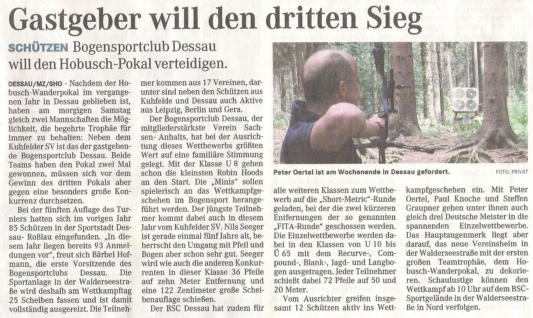 Ankündigung 6. Hobusch- Wanderpokal – Mitteldeutsche Zeitung vom 13.05.2011