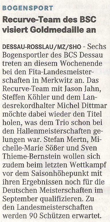 Ankündigung LM FITA – Mitteldeutsche Zeitung vom 27.06.2009