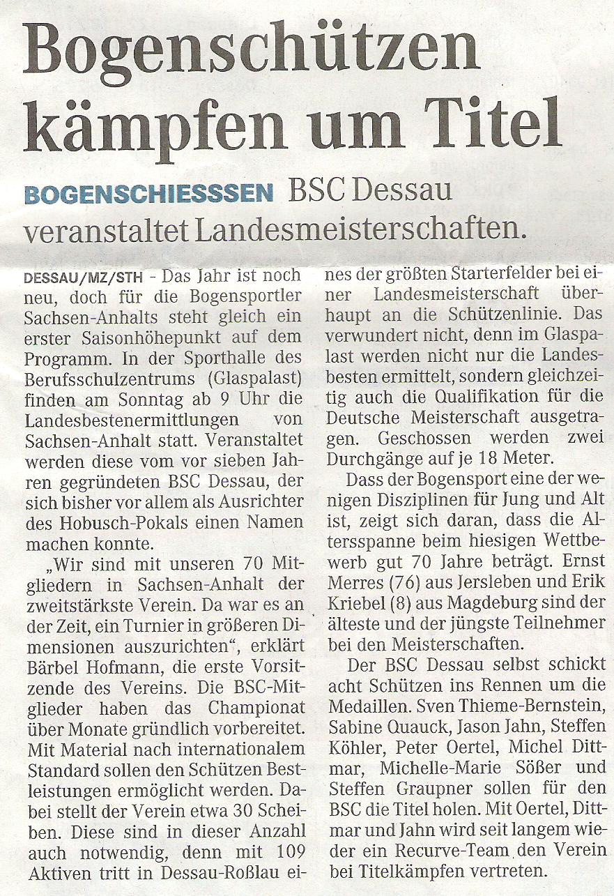 Ankündigung LM FITA Halle – Mitteldeutsche Zeitung vom 09.01.2009