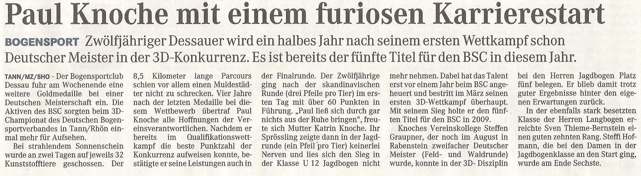 Deutsche Meisterschaft 3D – Mitteldeutsche Zeitung vom 29.09.2009