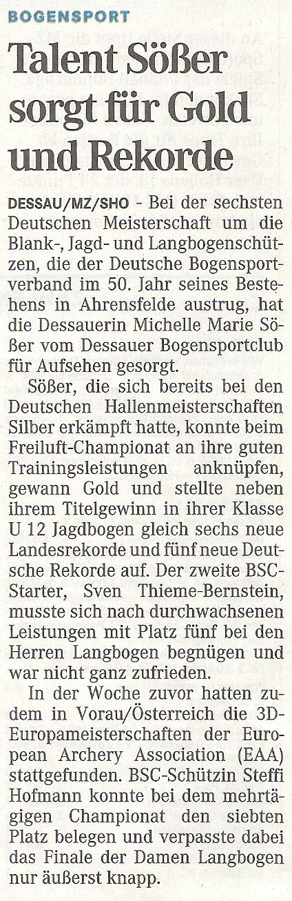 DM Bögen ohne Visier in Ahrensfelde – Mitteldeutsche Zeitung vom 25.08.2009