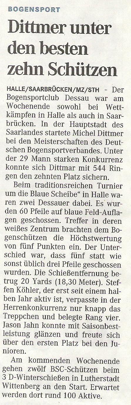 DM FITA Halle (Recurve) – Mitteldeutsche Zeitung vom 04.03.2009