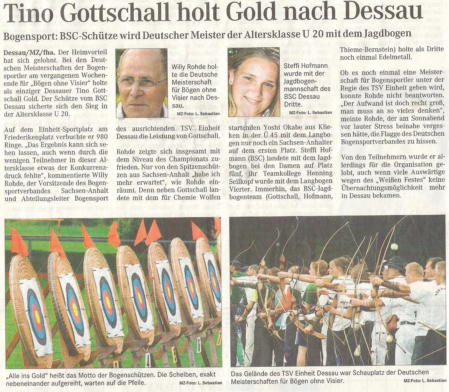 DM FITA Bögen ohne Visier in Dessau – Mitteldeutsche Zeitung vom 04.09.2006