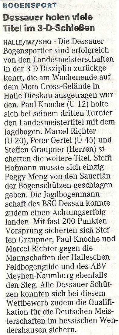 Landesmeisterschaft 3D – Mitteldeutsche Zeitung vom 31.03.2009
