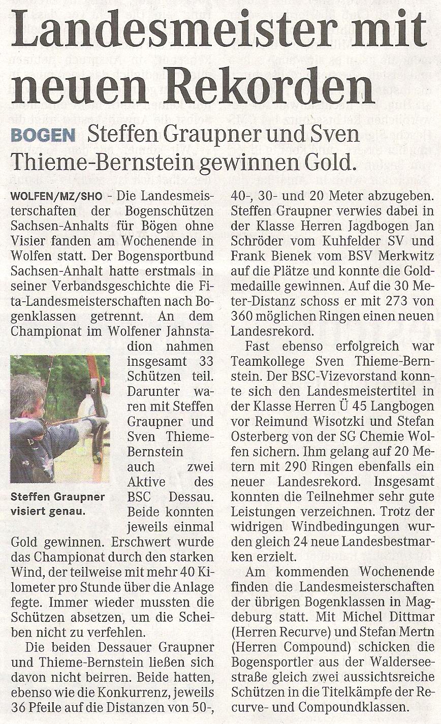 LM Fita Scheibe  für Bögen ohne Visier – Mitteldeutsche Zeitung vom 21.06.2011