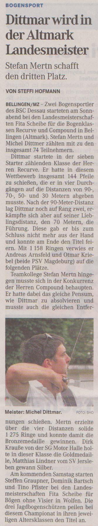 Landesmeisterschaft Fita Scheibe für Recurve und Compound – Mitteldeutsche Zeitung vom 04.07.2012