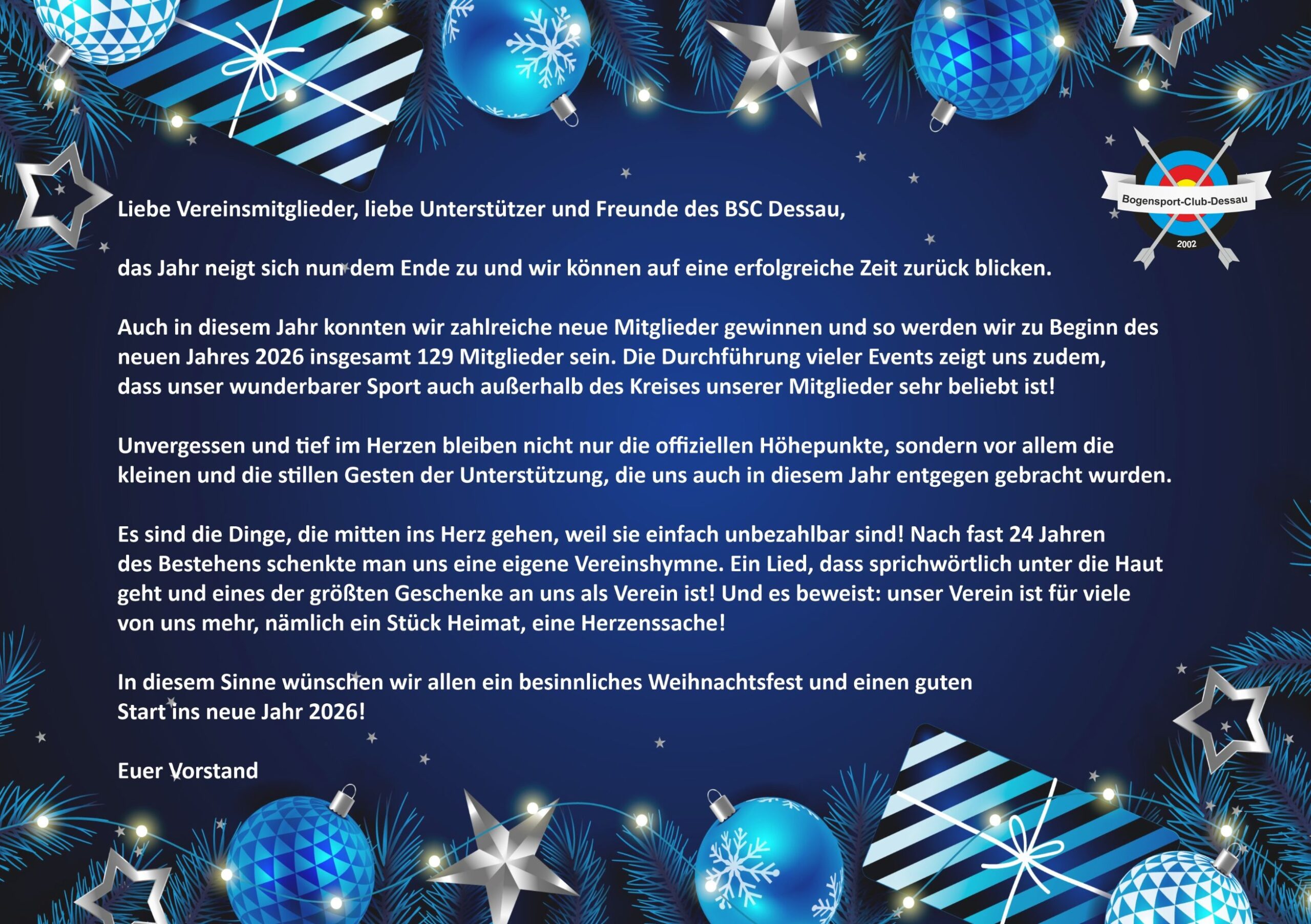 Mehr über den Artikel erfahren Der Vorstand des BSC Dessau wünscht frohe Weihnachten und einen guten Start ins neue Jahr 2026!